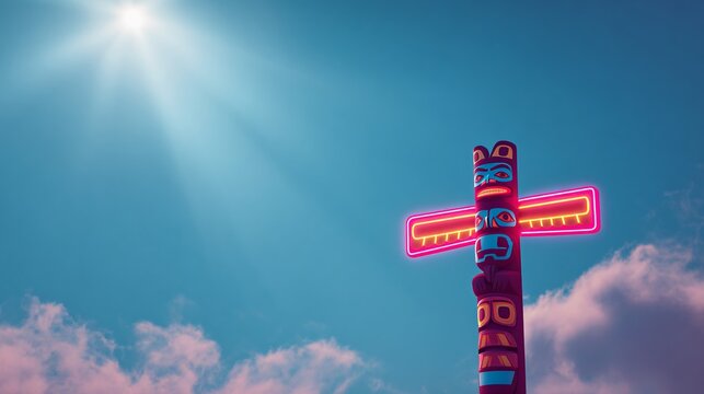 Cultural celebration totem pole outdoor setting digital artwork vibrant atmosphere scenic view indigenous heritage