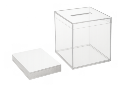 Transparent ballot box and blank voting ballots symbolizing election, democracy, choice, and public opinion