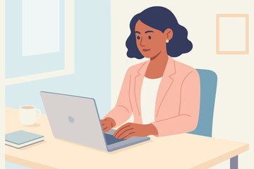 Woman working on laptop in modern office with soft lighting