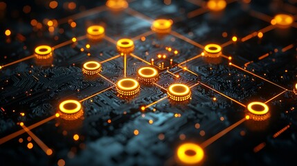 Abstract glowing circuit board network.