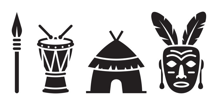 A set of four black silhouette icons representing indigenous culture, including a spear, a traditional drum, a rustic hut, and an ornate feathered mask in a simple graphic style