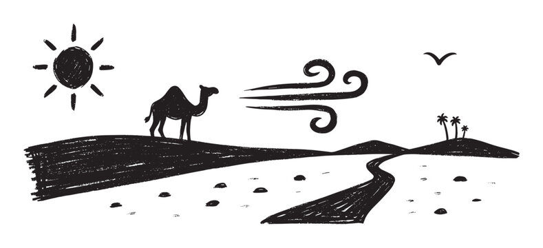 A hand-drawn black and white illustration of a camel standing on a sand dune in a windy desert under a hot sun, with a winding path and palm trees in the distance