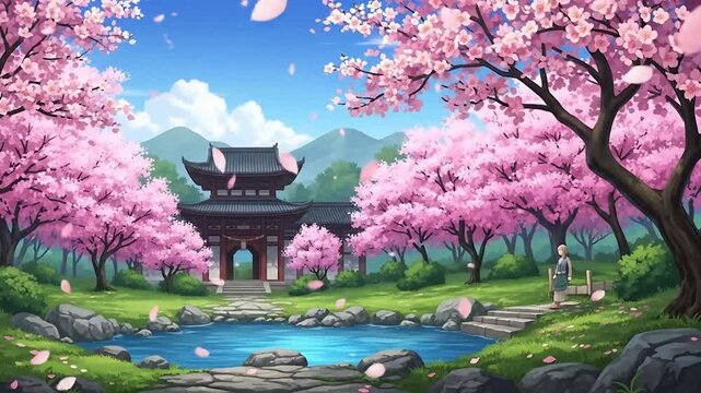 Zen Garden with Blooming Cherry Trees A Peaceful Asian Spring Scene