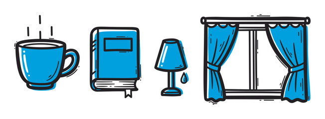 Hand-drawn illustration set of cozy home elements including a steaming mug, a book, a table lamp, and a window with curtains, creating a relaxing evening mood