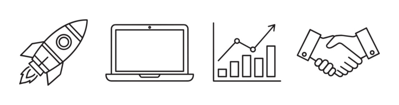 A collection of business concept icons in a minimal line art style, featuring a rocket for startups, a laptop, a growth graph, and a handshake for partnership and collaboration