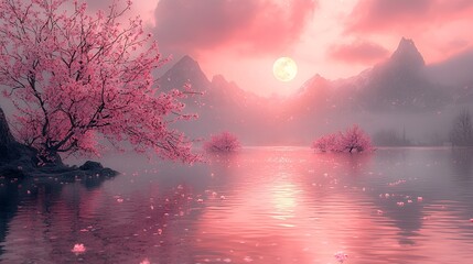 Pink cherry blossoms by calm lake at sunset, full moon.
