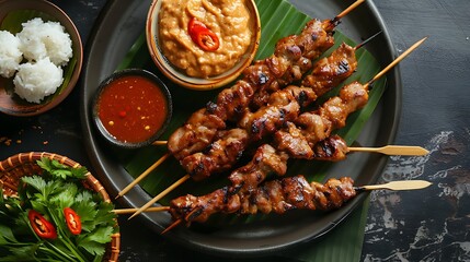 Overhead shot of grilled meat skewers with dipping sauces and rice on a dark plate setting