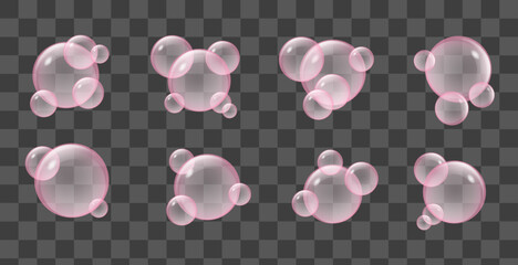 Translucent pink soap or collagen bubbles. Skincare cosmetics. Soft pink highlights. Playful bubble gum spheres 3D realistic vector set.
