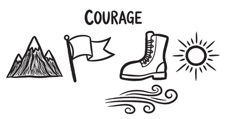 A hand-drawn set of motivational icons including a mountain, flag, boot, sun, and wind, illustrating the concept of courage and adventure in a simple black sketch style