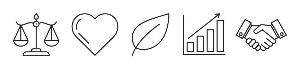 A set of minimalist line icons representing corporate social responsibility and ESG principles, including scales, a heart, a leaf, a growth chart, and a handshake symbol