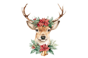Hand Drawn Watercolor Deer Portrait with a Christmas Flower Crown