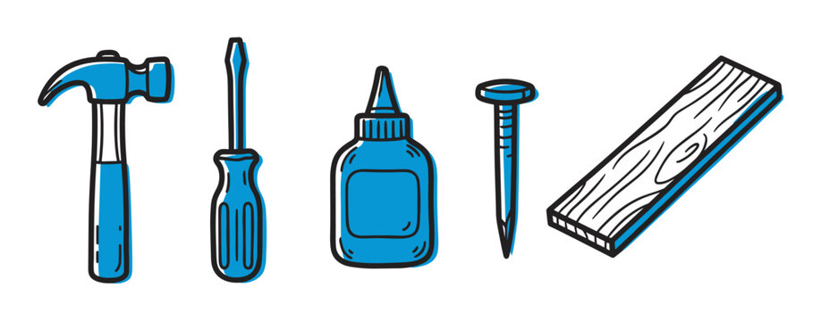 A collection of hand-drawn carpentry tools including a hammer, screwdriver, glue, nail, and wood plank, illustrated in a simple blue and black doodle style for DIY projects