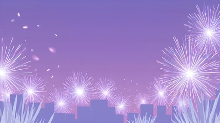 Colorful fireworks illuminate a city skyline at night, creating a vibrant atmosphere against a purple sky, celebrating festive occasions and joyful moments with dazzling displays