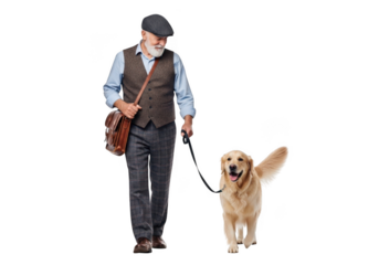 Elderly gentleman with a cap and vest walks a happy golden retriever dog on a leash isolated on transparent background