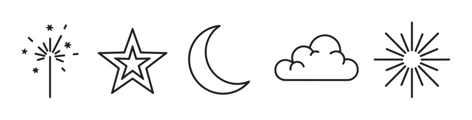 Obraz premium A set of five simple linear icons depicting a sparkler, a double star, a crescent moon, a fluffy cloud, and a sparkle, drawn in a clean and minimal graphic style