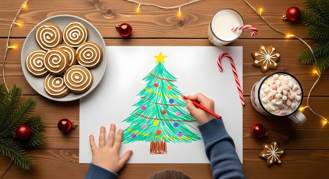 Child s hands coloring a festive christmas tree drawing with cookies and hot chocolate nearby