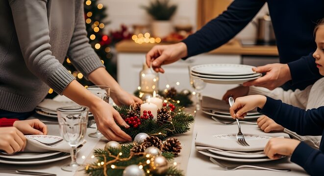 Family setting the christmas dinner table with festive decorations and candles for a holiday meal - Powered by Adobe