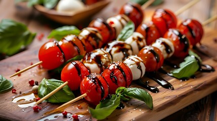 Caprese skewers with balsamic glaze on a wooden board garnished with fresh basil leaves