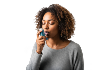 Young african american woman using an inhaler for respiratory relief with her eyes closed isolated on transparent background