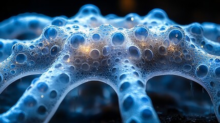 Microscopic view of a blue, bubbly, organic structure resembling a network or colony.