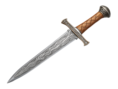 Ornate dagger with a wooden handle isolated on transparent background