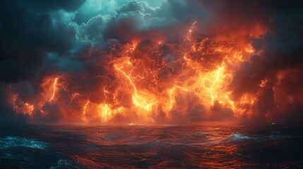 Fiery storm clouds over dark ocean.