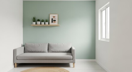 A minimalist living room with a green wall, white floor, and a gray sofa with a beige rug in front.