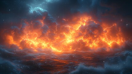 Fiery storm clouds over a turbulent sea at night.