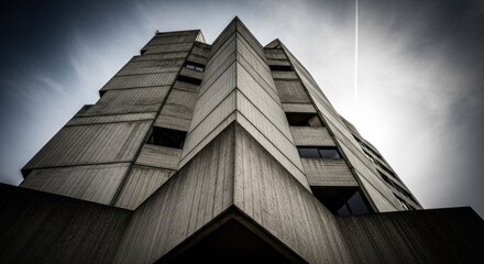 A tall, modern concrete building with angular, geometric shapes and a dark, cloudy sky in the background.