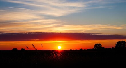 A vibrant sunset with a silhouette of a tree and a field in the foreground, with a clear sky and warm colors.