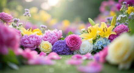 A vibrant flower arrangement with a mix of pink, yellow, and purple flowers, including roses, hydrangeas, and lilies, placed on a lush green background with a soft, blurred focus.
