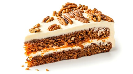 A slice of carrot cake with cream cheese frosting and pecan nuts on a white background surface