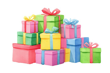 Obraz premium A Pile of Hand Drawn Watercolor Christmas Gift Boxes Decorations. A stack of colorful presents with festive bows, an isolated holiday illustration.
