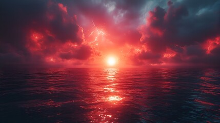 Dramatic red sunset over stormy ocean with lightning.