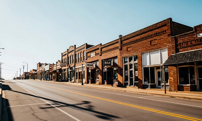 Fototapeta premium Empty Main Street in Small Town USA with Brick Buildings during Daytime on a Clear Sunny Day