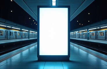 Blank vertical digital screen glows at empty subway platform at night. Train waits at station, copy space for ads. Mockup for promotions campaigns.