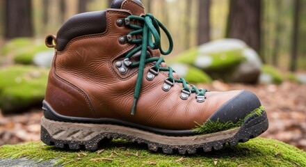 A brown leather hiking boot with green laces and a black toe cap, placed on a mossy rock in a forest setting.
