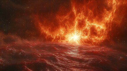 Fiery, red nebula over a planet's fiery ocean.