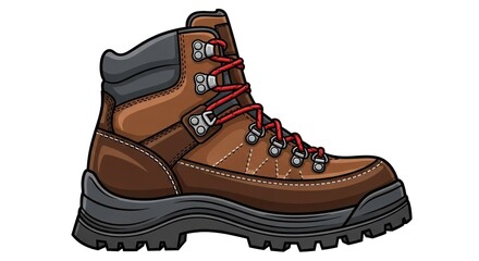 A brown hiking boot with red laces and a black sole, placed on a white background with a black border.