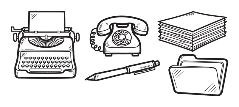 A collection of hand-drawn vintage office supplies including a typewriter, rotary phone, stack of paper, pen, and file folder in a black and white sketch style