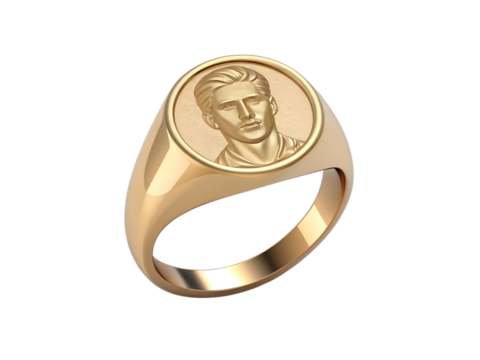 Gold signet ring with portrait isolated on transparent background for mens fashion