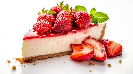 A slice of strawberry cheesecake with fresh mint leaves and strawberry slices on a white background