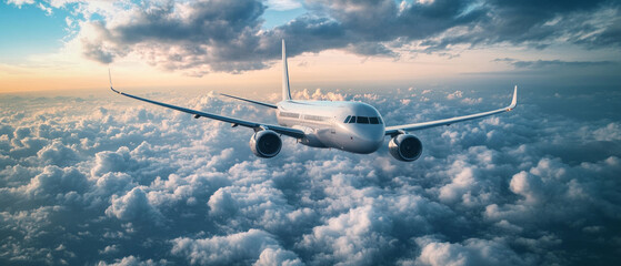 A plane soaring above the clouds symbolises freedom and travel, creating a dreamy atmosphere — a universal backdrop for travel agencies or motivational posts.