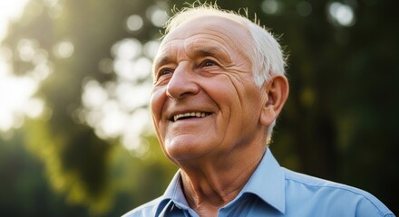 An elderly man with white hair, wearing a blue shirt, standing outdoors in a park with trees in the background.