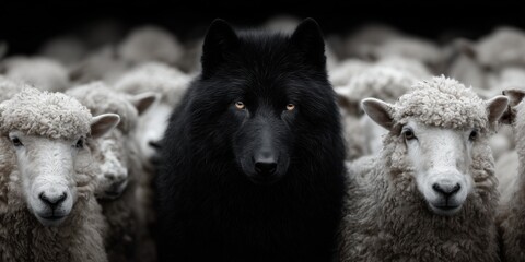 Obraz premium A black wolf stands among a group of white sheep. The wolf has piercing eyes and a strong presence, contrasting with the calm sheep surrounding it.