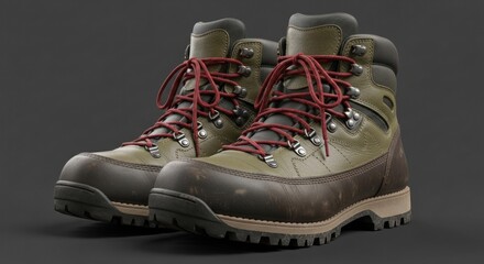 A pair of green and brown leather hiking boots with red laces on a dark gray background.