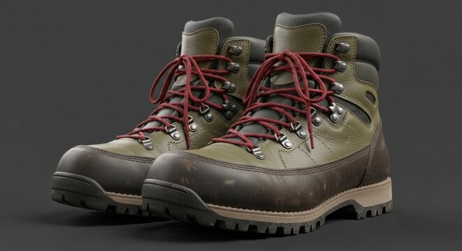A pair of green and brown leather hiking boots with red laces on a dark gray background.