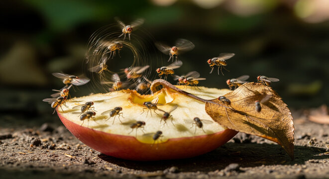 Fruit Flies Swarming a Decaying Apple on the Ground
A dramatic macro photograph capturing a cluster of small fruit flies (Drosophila species) actively feeding on and swarming around a half-eaten