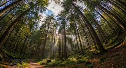 A serene forest scene with tall trees, sunbeams filtering through, and a path leading through the woods.