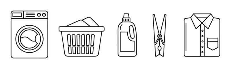 A set of laundry icons including a washing machine, basket, detergent, clothespin, and folded shirt, depicted in a clean black and white line art style for household concepts